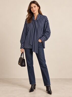 Y.A.S. YASLOMA Relaxed Fit Oversized Navy Pinstripe Tie-Neck Blouse NWT US 8